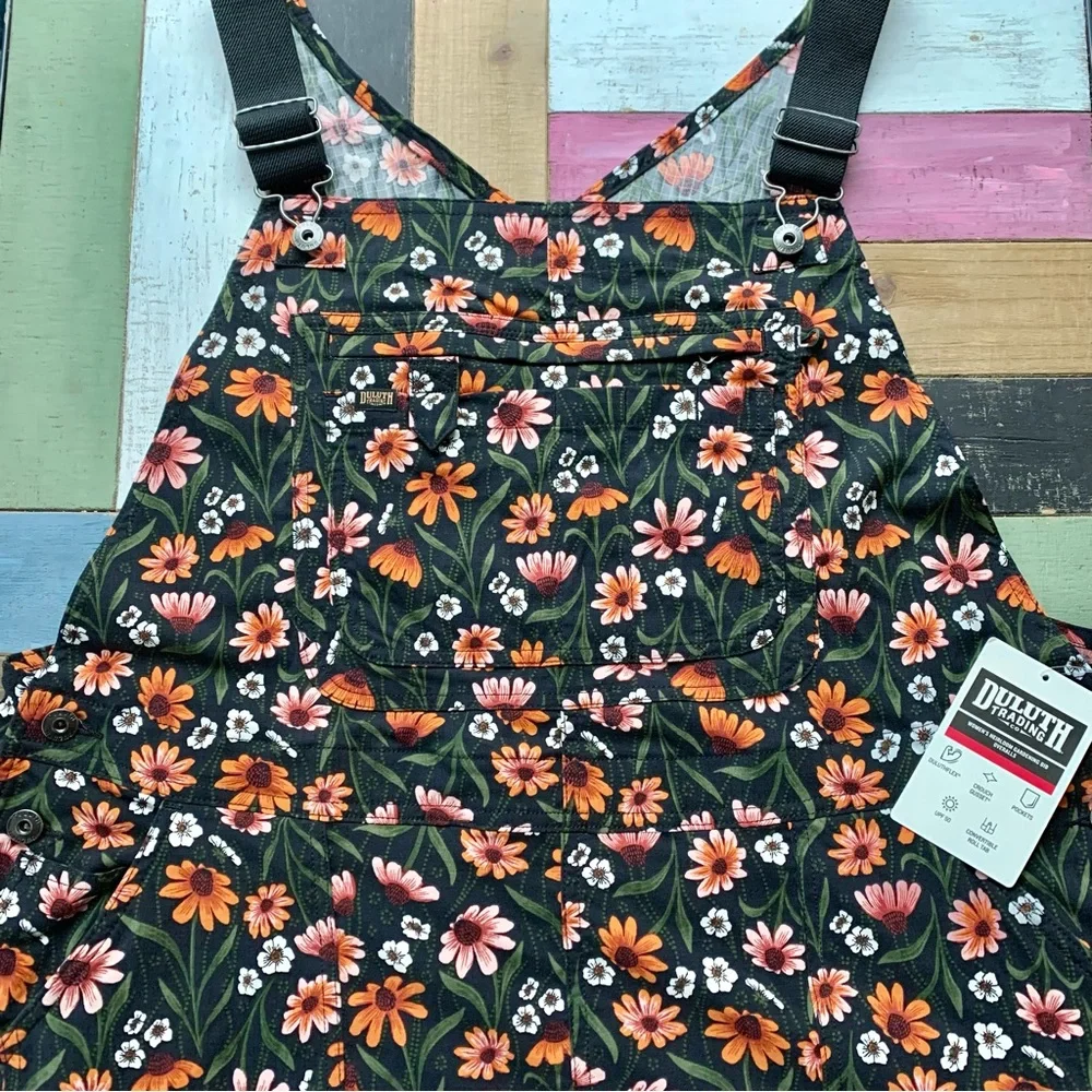 NWT Duluth XXL x29L Heirloom Gardening Bib Overalls Black Cornflowers Farm Bibs - Picture 2 of 6